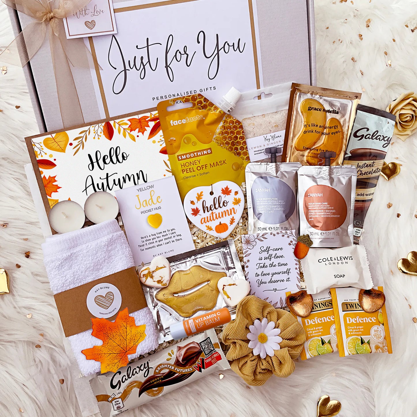 Autumn gift box filled with personalized gifts, spa treats, and seasonal delights for her.