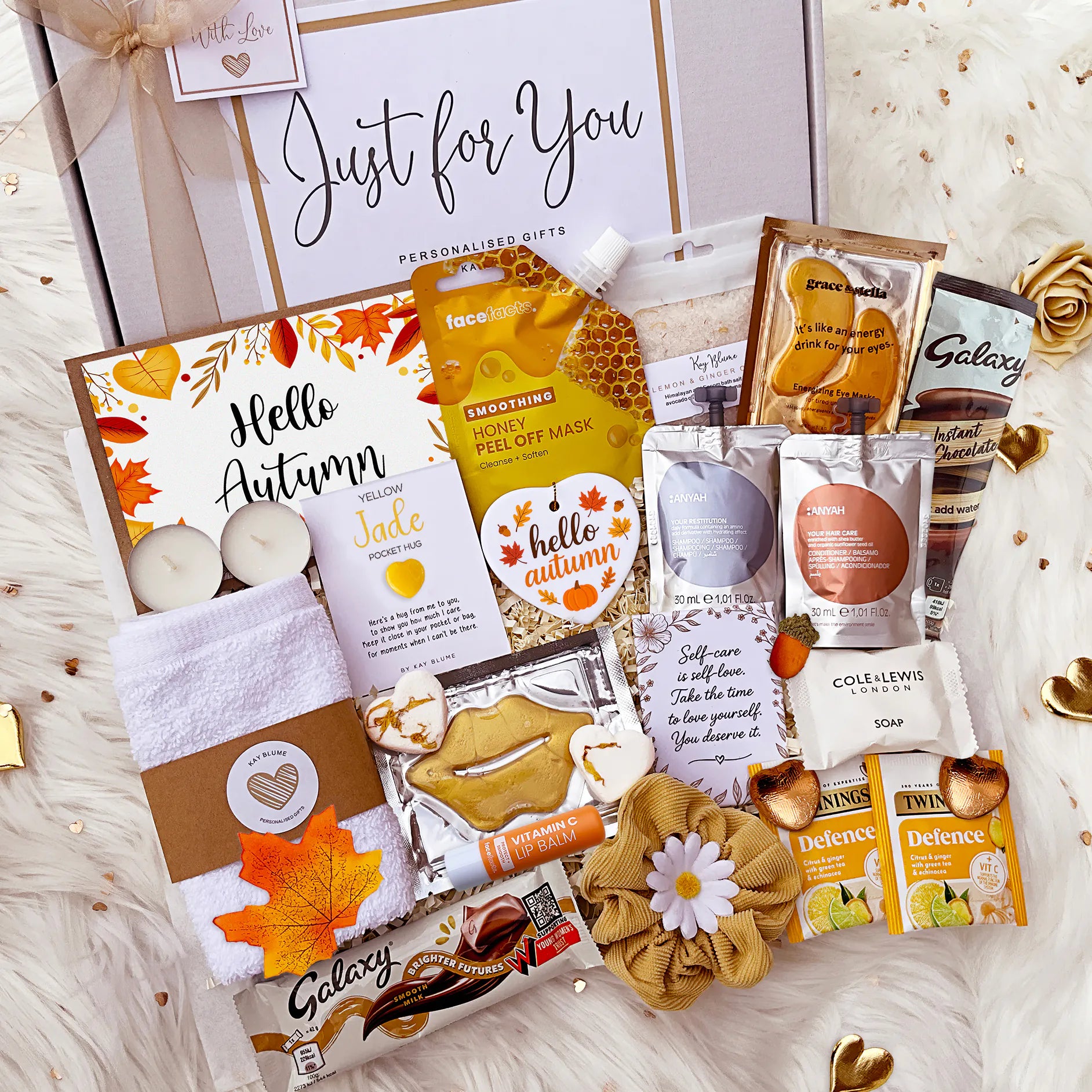 Autumn gift box filled with personalized gifts, spa treats, and seasonal delights for her.