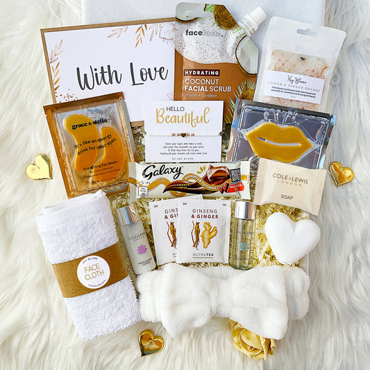 Luxury Gift Box filled with spa-inspired self-care products and indulgent treats for thoughtful gifting.