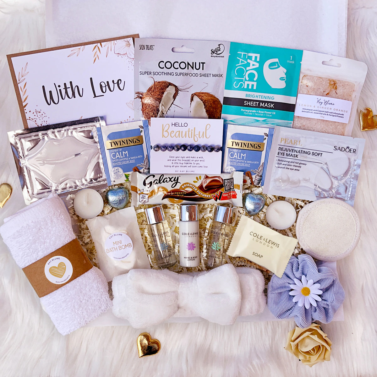 spa gift box for her filled with pampering products, sheet masks, and relaxing treats, perfect for Christmas and birthdays.